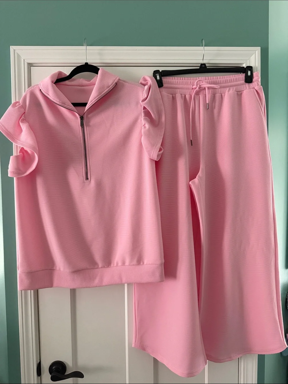 Pink Ruffle Sleeve Half-Zip Top & Wide Leg Drawstring Pants Set